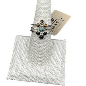Barse Tripoli Stack Rings- Turquoise, Tigers Eye & Black Onyx-Silver -7.75-NWT